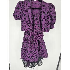 Vtg Womens Sz M purple floral puff sleeve dress with a black mesh trim